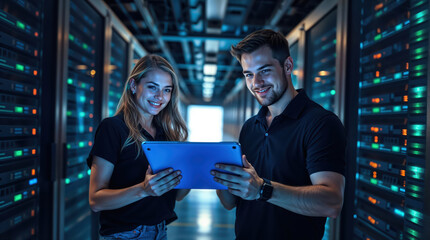 It engineers working with tablet computer in data center control room