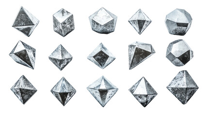 Metallic geometric shapes, isolated on a white background.