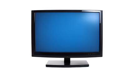 Fototapeta premium Modern black television with a blue screen on a white isolated background.