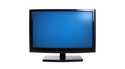 Modern black television with a blue screen on a white isolated background.