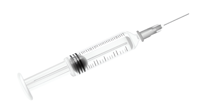 Medical syringe with needle, white isolated background.