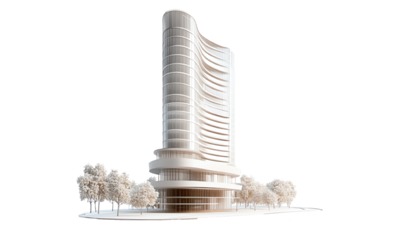 Modern architectural design, building with curved facade, white isolated background.
