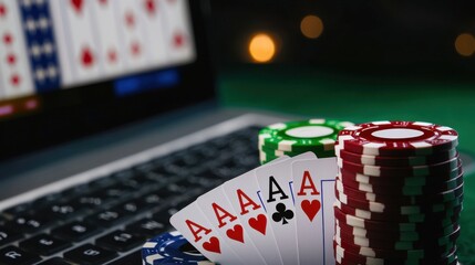 A player reveals a winning poker hand of four aces while colorful chips are stacked nearby, highlighting the excitement of online gaming at night