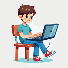 a boy is using his laptop vector