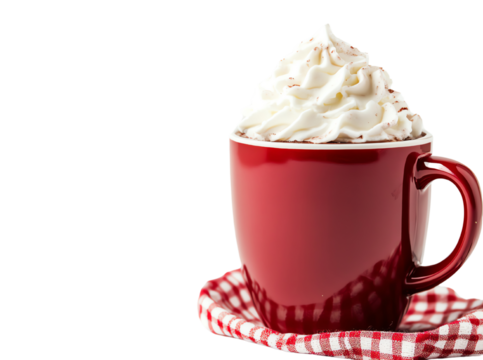 Red mug filled with creamy whipped topping on a checkered cloth.