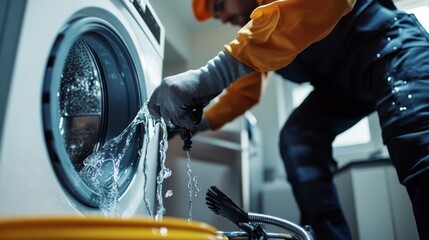 Emergency washing machine repair action home setting service event indoor environment close-up view plumbing concept