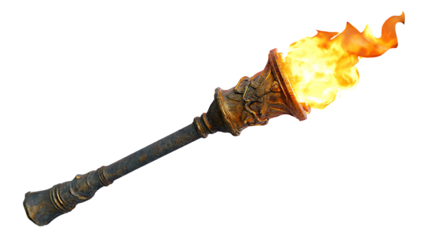 Stylized torch with flame on a white isolated background.