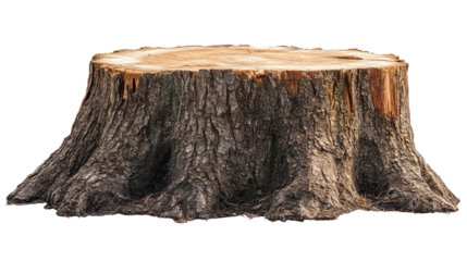 Tree stump with textured bark, isolated on a white background.