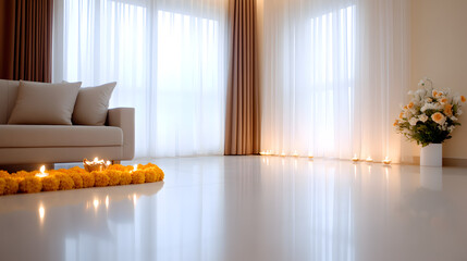 Festively Decorated Living Room with Marigold Garlands and Rangoli for Diwali Celebration