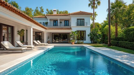 Luxury white villa with swimming pool and lush tropical garden, private resort property, elegant vacation retreat for ultimate relaxation, architectural design inspiration