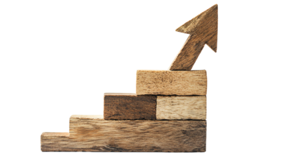 Wooden blocks symbolizing growth and progress with an upward arrow.