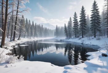 A snow-covered forest with a frozen lake in the background, frosty landscape, frozen lake