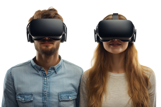 Two individuals wearing virtual reality headsets, engaged in an immersive digital experience, showcasing the future of entertainment and interaction.