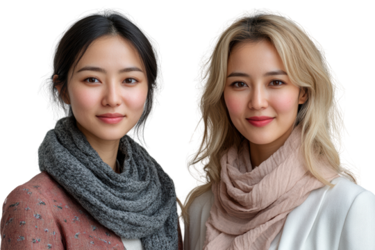 Two stylish women wearing scarves, showcasing diversity and friendship, with warm smiles against a soft background.