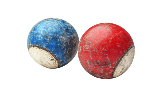 Two weathered bocce balls, one blue and one red, exhibiting chips and scratches, isolated on a white background, perfect for gaming enthusiasts.