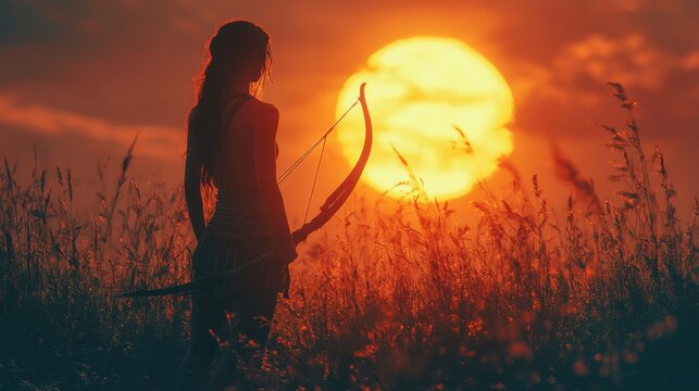 Female archer silhouetted against fiery sunset, bow and arrow in hand, dramatic wilderness scene, ancient hunter theme, nature connection, strength, determination.