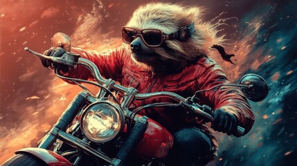Stylized sloth riding vintage motorcycle in dynamic action scene, orange tones, unique artistic character, adventure vibe, leather jacket, fun illustration, creative fantasy art.