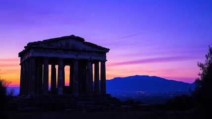 Obraz premium Majestic Greek Temple Silhouetted Against a Dramatic Vibrant Sunset Overlooking an Expansive Valley in the Background