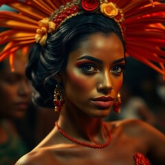 Obraz premium Portrait of a beautiful young woman with a confident expression in vibrant carnival costume
