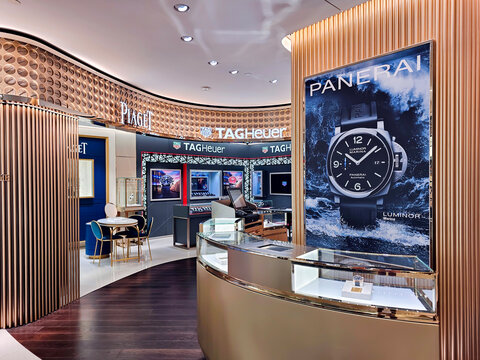 SPAIN, BARCELONA, 24, SEPTEMBER, 2024: Beautiful modern boutique design with various high-end watches in El Corte Ingles shopping mall, Barcelona.