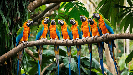 Obraz premium Colorful macaws perched on a branch in a lush tropical rainforest during daylight hours