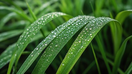 Close-up of green grass blades adorned with water droplets.