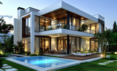 Fototapeta premium Modern two-story villa with a pool, exterior design rendering, white walls and wood-grain tiles on the roof, light brown wood slats on the first-floor windowsill, 