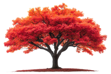 Vibrant red tree with lush foliage against a white isolated background, showcasing the beauty of nature and seasonal change.