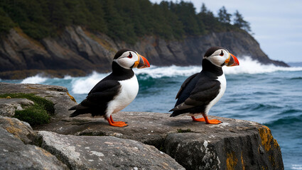 Obraz premium Puffins stand on rocky shore beside ocean waves in a coastal habitat at sunrise