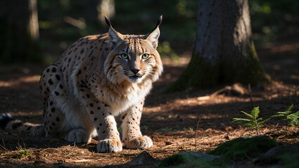 Obraz premium Lively lynx waits quietly in forest under soft morning light with a curious gaze