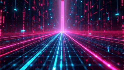 Obraz premium Infinite wireframe spaces.A digital cyber surface reminiscent of 1980s style, featuring a double infinite grid with luminous pathways stretching forward. The design should be sleek, noise-free, and pe