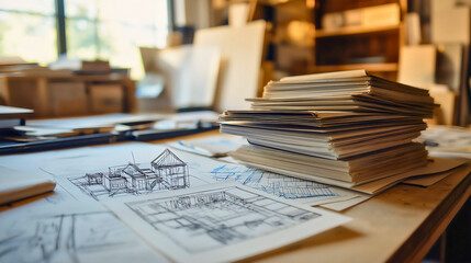 Obraz premium Creative Workspace: Sketches and Architectural Drawings on a Wooden Table, Natural Light, and Artistic Materials for a Cozy, Inspirational Studio Atmosphere