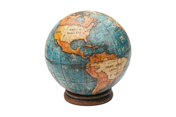 Vintage globe featuring continents and oceans with detailed markings on a wooden base, perfect for educational and decorative purposes.