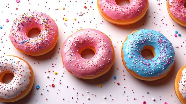 Colorful donuts with sprinkles arranged on pink background, glazed pastries, vibrant dessert photography, sweet treats, bakery delights, creative food styling, sugar cravings.