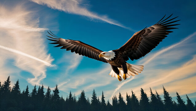 Majestic eagle soaring against a vivid sunset sky above a forest landscape
