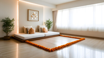 Festively Decorated Living Room with Marigold Garlands and Rangoli for Diwali Celebration