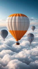 Obraz premium Vivid hot air balloons soaring above fluffy clouds under a clear blue sky, capturing the essence of adventure and serenity.