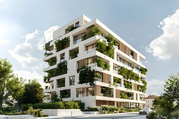 A modern apartment building in white and beige colors with greenery on the facade stands against the background of a blue sky with clouds.