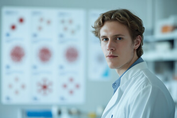 Young researcher in lab coat examines scientific findings in laboratory. Generative AI