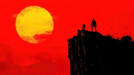 Naklejka premium Silhouetted figures stand atop a cliff against a large, fiery sunset.