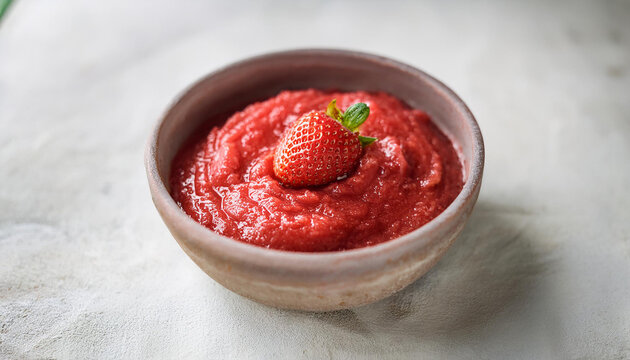 Mashed strawberry in bowl. Tasty food. Puree for baby. Sweet and healthy. Natural product.