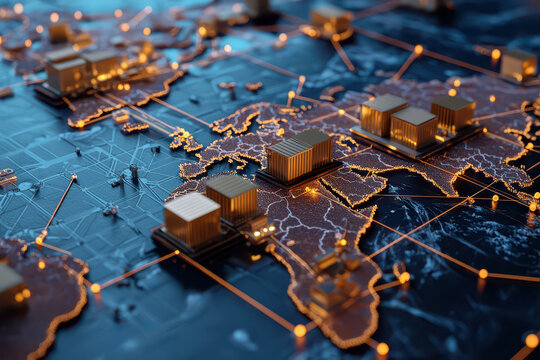 Digital depiction of intricate global value chains, showcasing interconnected trade routes and shipping containers across world map. vibrant network highlights global commerce