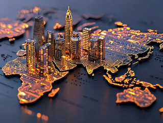 stylized depiction of holographic world map featuring illuminated city skyscrapers and circuit patterns, showcasing blend of technology and urban landscapes