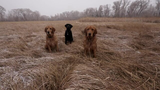 3 dogs in field while it softly snows