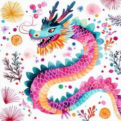 Obraz premium vibrant dragon dance figure in watercolor, showcasing colorful scales and intricate details, surrounded by playful floral elements and bubbles