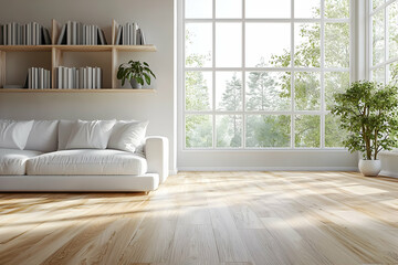 Fototapeta premium Modern living room interior with white sofa and bookcase, wooden floor, and large windows. Scandinavian-style home decor.