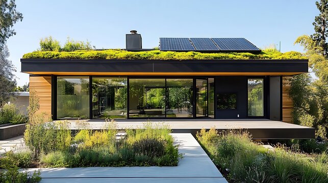 A sleek, eco-friendly modern house featuring a lush green roof and advanced solar panels, embodying sustainable architecture and innovative interior design principles