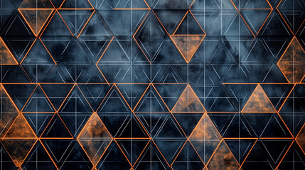 Repeating geometric pattern of dark blue and orange triangles. Metallike texture. Abstract background with subtle smoky effect. Clean lines and sharp angles create a modern aesthetic.