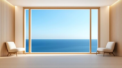 Fototapeta premium Cruise ship lounge minimalist concept. Modern room with large window overlooking the ocean.