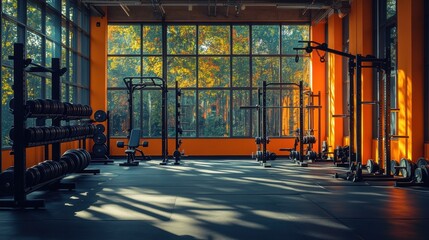 Bright orange gym interior with sunlight streaming through large windows, weights, workout mats, cozy fitness space, warm color tones, natural light, and training equipment.